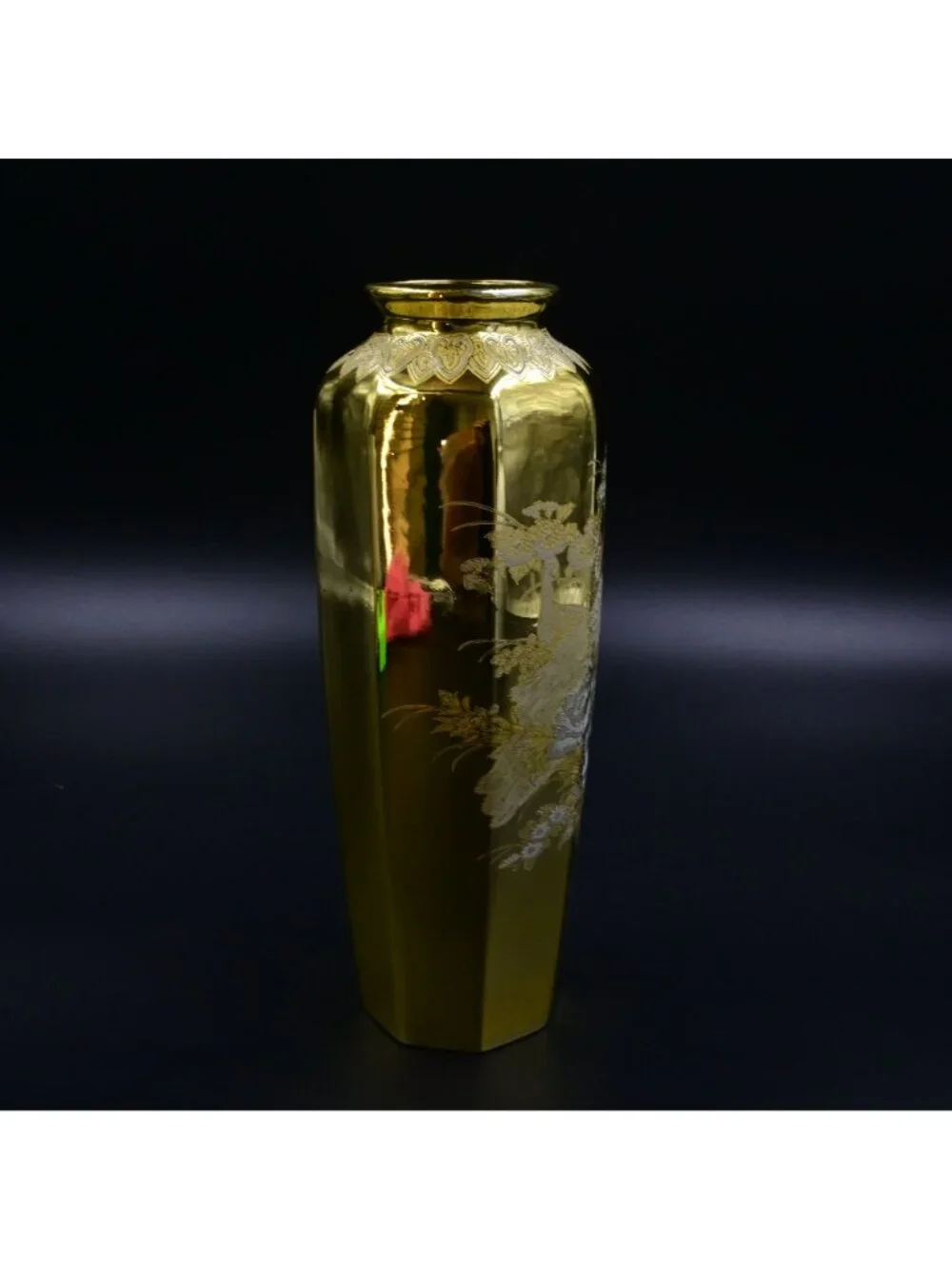Japanese Golden Peacock Designed Vase Gilded Porcelain Satsuma In Original Box